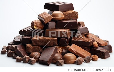 many pieces of chocolate on a white background 109639444