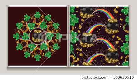 St Patricks day seamless pattern, circular composition with shamrock leaves, pot full of golden treasure, rainbow, scattered coins, horseshoes. Vintage illustration St Patricks day seamless pattern, circular composition with shamrock leaves, pot full of golden treasure, rainbow, scattered coins, horseshoes. Vintage illustration 109639519