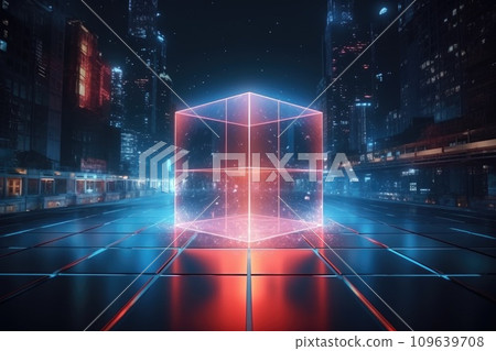Glowing neon cube in the middle of the city street. Cyberpunk futuristic style Glowing neon cube in the middle of the city street. Cyberpunk futuristic style 109639708