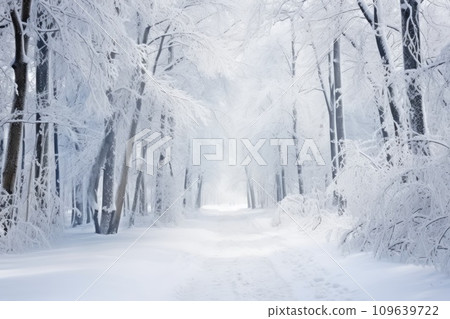 Automobile road through a winter forest covered with snow. Automobile road through a winter forest covered with snow. 109639722