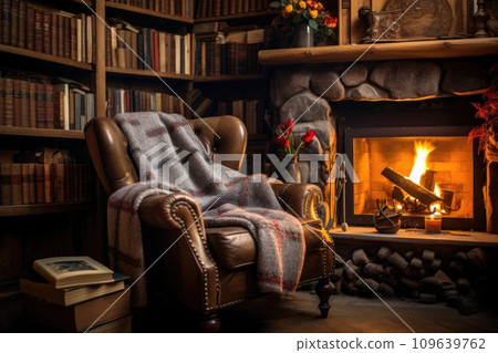 A cozy library with a fireplace and shelves of old books. A sense of nostalgia and intellectual calm. 109639762