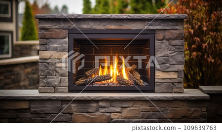 Stone gas fireplace in the garden in the outdoor kitchen Stone gas fireplace in the garden in the outdoor kitchen 109639763