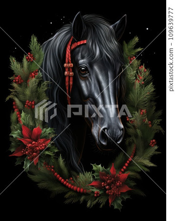 Black Friesian horse with a Christmas wreath around its neck 109639777