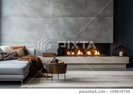 Modern gas fireplace in home Modern gas fireplace in home 109639799