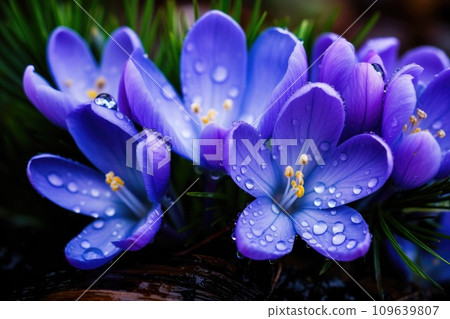 Spring flowers of blue crocuses with drops of water 109639807