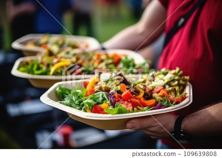 Street food festival, catering service. Vegetable salads in paper plates sold outdoors at market place 109639808