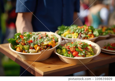 Street food festival, catering service. Vegetable salads in paper plates sold outdoors at market place 109639809