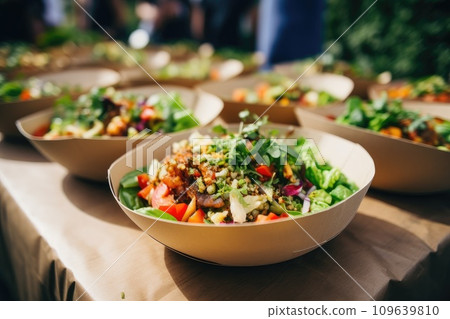 Street food festival, catering service. Vegetable salads in paper plates sold outdoors at market place 109639810