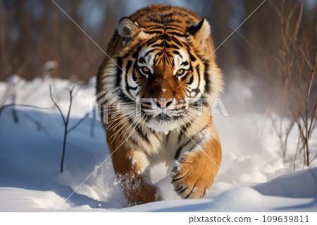 Tiger in wild winter nature. Amur tiger running in the snow. 109639811