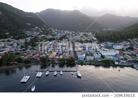 Aerial of Soufriere and Petito Piton in St Lucia Aerial of Soufriere and Petito Piton in St Lucia 109639818