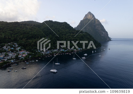 Aerial of Soufriere and Petito Piton in St Lucia 109639819