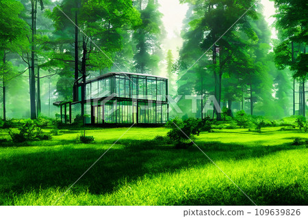 Illustration of a glass house in a fresh green forest 109639826