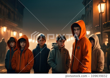 Teenage Boy Outdoors At High School Being Teased Or Bullied. Aggressive teenage street gangs or groups. AI 109639832