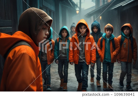 Teenage Boy Outdoors At High School Being Teased Or Bullied. Aggressive teenage street gangs or groups. AI 109639841
