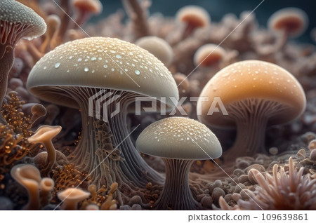 Virus cells or bacterias or fungus under electronic microscope. Germs microbe microorganism close-up. Medical, diseases Concept background. Aliens fungus. AI Virus cells or bacterias or fungus under electronic microscope. Germs microbe microorganism close-up. Medical, diseases Concept background. Aliens fungus. AI 109639861