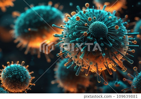 Virus cells or bacterias or fungus under electronic microscope. Germs microbe microorganism close-up. Medical, diseases Concept background. Alien viruses in the air. AI 109639881