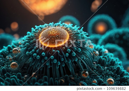 Virus cells or bacterias or fungus under electronic microscope. Germs microbe microorganism close-up. Medical, diseases Concept background. Alien viruses in the air. AI 109639882