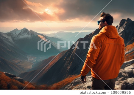 victorious climber man in an orange jacket and sunglasses is on the top of a mountain on sunset. A success of mountaineer reaching the summit. Outdoor adventure sports in winter moutain landscape. AI 109639896