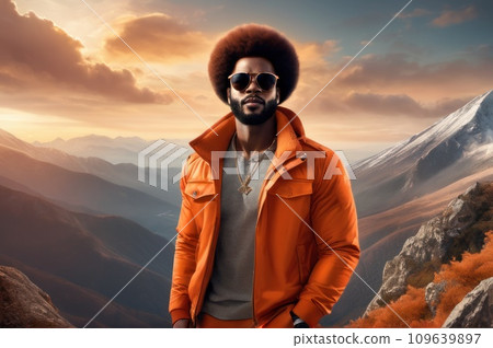 Handsome afro american man in an orange jacket and sunglasses is on the top of a mountain. A success of mountaineer reaching the summit. Sunny day and a climber on a top of a peak.. AI 109639897