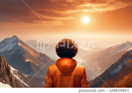Handsome afro american man in an orange jacket and sunglasses is on the top of a mountain. A success of mountaineer reaching the summit. Sunny day and a climber on a top of a peak.. AI Handsome afro american man in an orange jacket and sunglasses is on the top of a mountain. A success of mountaineer reaching the summit. Sunny day and a climber on a top of a peak.. AI 109639903