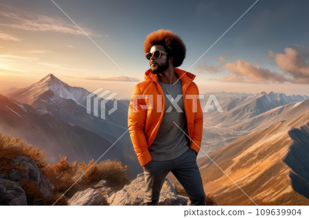 Handsome afro american man in an orange jacket and sunglasses is on the top of a mountain. A success of mountaineer reaching the summit. Sunny day and a climber on a top of a peak.. AI Handsome afro american man in an orange jacket and sunglasses is on the top of a mountain. A success of mountaineer reaching the summit. Sunny day and a climber on a top of a peak.. AI 109639904