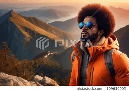 Handsome afro american man in an orange jacket and sunglasses is on the top of a mountain. A success of mountaineer reaching the summit. Sunny day and a climber on a top of a peak.. AI Handsome afro american man in an orange jacket and sunglasses is on the top of a mountain. A success of mountaineer reaching the summit. Sunny day and a climber on a top of a peak.. AI 109639905