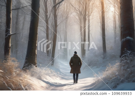 Young handsome man wearing warm casual dress outfit in forest winter sunny day. Winter hike on snow forest young happy male breathe fresh air. Forest travel adventure trek in nature landscape. AI 109639933
