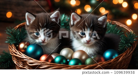 Two adorable two and a half months old kittens - grey and black with white one, sitting in a wicker basket with christmas tree fir and garland on background. Winter holidays Happy new year postcard. Two adorable two and a half months old kittens - grey and black with white one, sitting in a wicker basket with christmas tree fir and garland on background. Winter holidays Happy new year postcard. 109639938