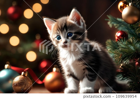 Adorable kitten playing with christmas bauble on background of christmas tree and ornaments in warm illumination lights. Cozy winter holidays, Merry Christmas and happy new year. AI Adorable kitten playing with christmas bauble on background of christmas tree and ornaments in warm illumination lights. Cozy winter holidays, Merry Christmas and happy new year. AI 109639954