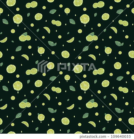 Seamless pattern of fresh lime slices, green mint leaves. Botanical watercolor illustration of citrus fruits isolated on dark background. Ornate for card design, menu, textile, print, poster 109640033
