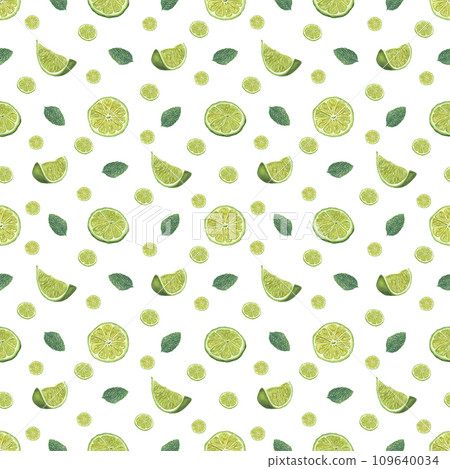 Ripe juicy lime slices and green mint leaves. Seamless pattern isolated on white. Watercolor illustration of fresh citrus. For room decor, textile, print wrapping, scrapbook. 109640034
