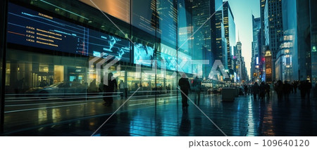 A bustling city street at twilight reflects the glow of stock market quotes displayed on a glass building, creating a vibrant tapestry of lights and urban life. A bustling city street at twilight reflects the glow of stock market quotes displayed on a glass building, creating a vibrant tapestry of lights and urban life. 109640120