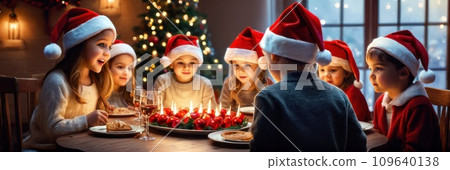 Beautiful happy children having fun celebrating Christmas at home, gathered around the table, having Christmas dinner, enjoying winter holiday season and their time together. AI 109640138