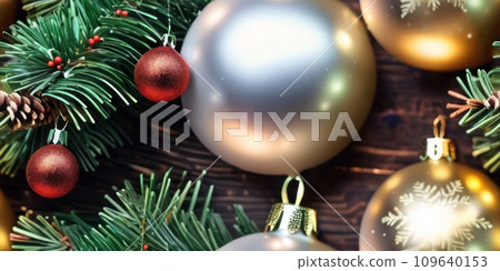 Seamless Christmas pattern top view. Christmas and New years eve Background. Beautiful Wide Angle Holiday Template with Christmas balls, fir tree and highlights with copy space. AI 109640153