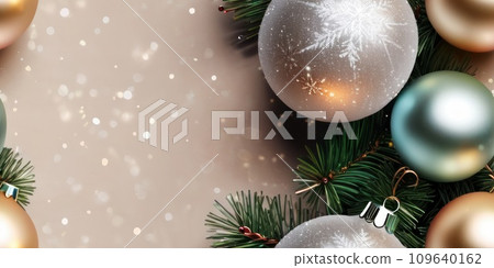 Seamless Christmas pattern top view. Christmas and New years eve Background. Beautiful Wide Angle Holiday Template with Christmas balls, fir tree and highlights with copy space. AI 109640162