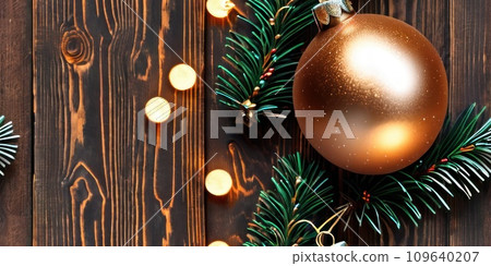 Seamless Christmas pattern top view. Christmas and New years eve Background. Beautiful Wide Angle Holiday Template with Christmas balls, fir tree and highlights on old wooden planks with copy space. 109640207