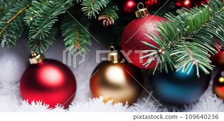 Christmas and New years eve Background. Beautiful Wide Angle Holiday Template with Christmas ball on fir tree and highlights. Christmas and New year greeting card concept. AI Christmas and New years eve Background. Beautiful Wide Angle Holiday Template with Christmas ball on fir tree and highlights. Christmas and New year greeting card concept. AI 109640236