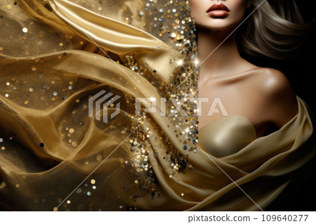 Glamorous woman in gold sequin dress poses against black background with gold sparkles, mysterious and elegant atmosphere. Christmas or night party. 109640277