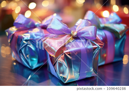 Beautiful and shiny gifts wrapped in metallic neon paper on Boxing Day. Gifts on table with blurred background of bokeh lights, creating festive and cheerful atmosphere. Boxing Day, Christmas concept 109640286