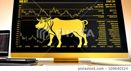 The concept of Bull market on stock market investment good situation. Financial investment in bull market. How to trade in risk valuation situation. Gold Bull with Stock market background. AI 109640324