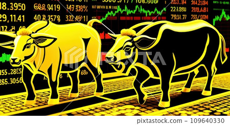 The concept of Bull market on stock market investment good situation. Financial investment in bull market. How to trade in risk valuation situation. Gold Bull with Stock market background. AI The concept of Bull market on stock market investment good situation. Financial investment in bull market. How to trade in risk valuation situation. Gold Bull with Stock market background. AI 109640330