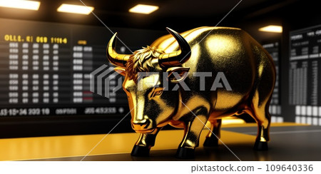 The concept of Bull market on stock market investment good situation. Financial investment in bull market. How to trade in risk valuation situation. Gold Bull with Stock market background. AI The concept of Bull market on stock market investment good situation. Financial investment in bull market. How to trade in risk valuation situation. Gold Bull with Stock market background. AI 109640336