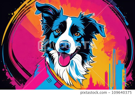 Bright drawing of a dog, border collie, on a T-shirt on a dark background. Satirical, pop art style, vibrant colors, iconic characters, action-packed, suitable for mascot, logo or reproduce on canvas. 109640375