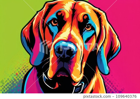 Bright drawing of a dog, bloodhound, on a T-shirt on a dark background. Satirical, pop art style, vibrant colors, iconic characters, action-packed, suitable for mascot or logo or reproduce on canvas. 109640376