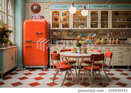 kitchen midcentury modern design, characterized by clean lines and iconic shapes, bright color from 60s and 70s kitchen midcentury modern design, characterized by clean lines and iconic shapes, bright color from 60s and 70s 109640442