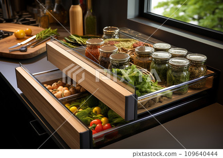 Organization and sustainability with the use of glass jars for storing various kitchen essentials 109640444