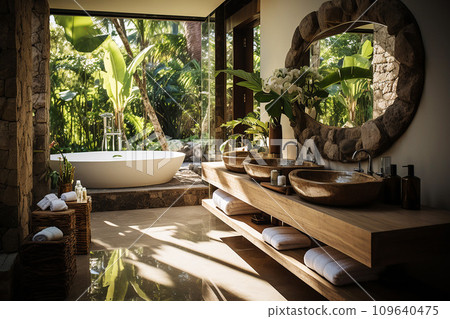Bathroom designed for water consciousness, mirrors with frames crafted from recycled materials, sustainable design Bathroom designed for water consciousness, mirrors with frames crafted from recycled materials, sustainable design 109640475