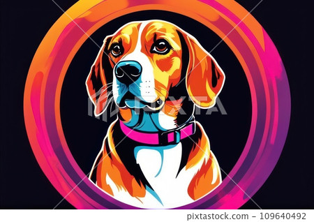 Bright drawing of dog, beagle, on T-shirt on dark background. Satirical, pop art style, vibrant colors, iconic characters, action-packed, suitable for mascot, logo or reproduce on canvas. AI 109640492