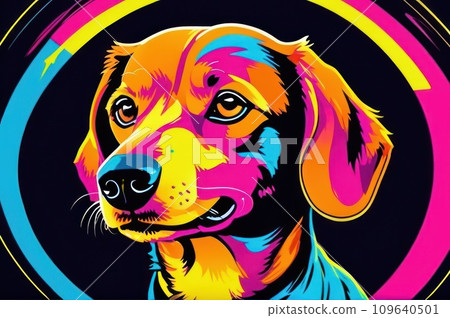 Bright drawing of dog, dachshund, on T-shirt on dark background. Satirical, pop art style, vibrant colors, iconic characters, action-packed, suitable for mascot, logo or reproduce on canvas. AI 109640501