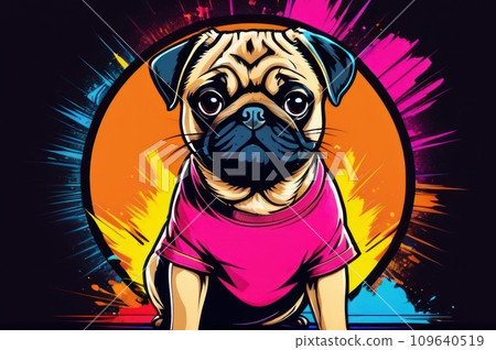 Bright drawing of dog, dog in T-shirt on red background. Satirical, pop art style, vibrant colors, iconic characters, action-packed, suitable for mascot, logo or reproduce on canvas. AI 109640519